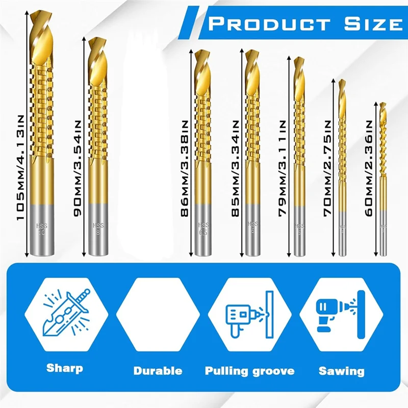 

AB34-7PCS Titanium Coated HSS Twist Drill Bits, 3-10Mm Serrated Side Cutting Drill Bit, Hex Shank Serrated Cutting Drill Bits