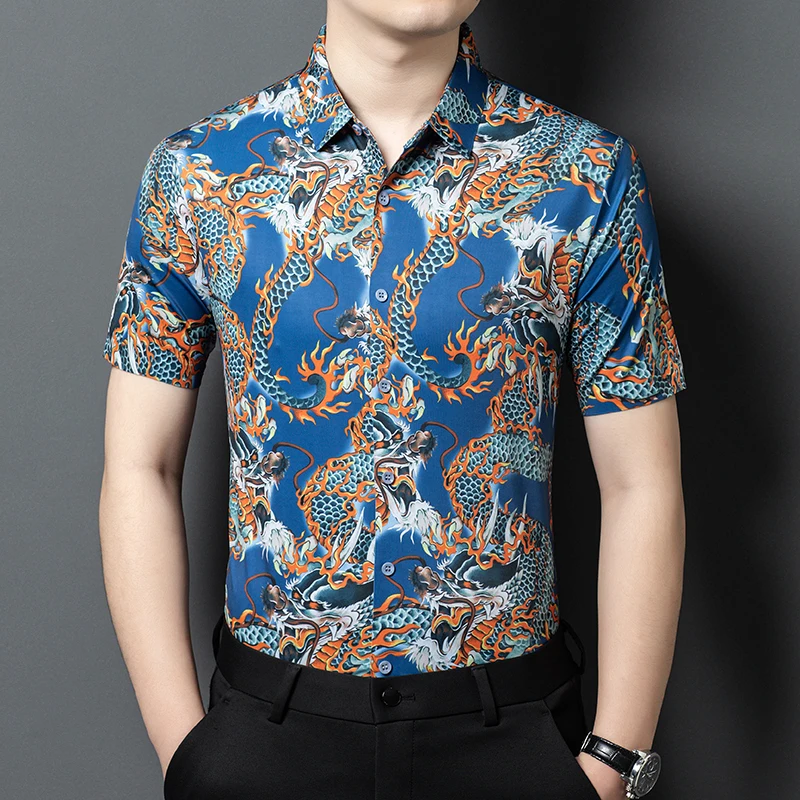 High-Elastic Amazing Silky Shirts For Men Short Sleeve Easy Care Summer Quality Ice Coolness Thin Dragon Print Camisas De Hombre