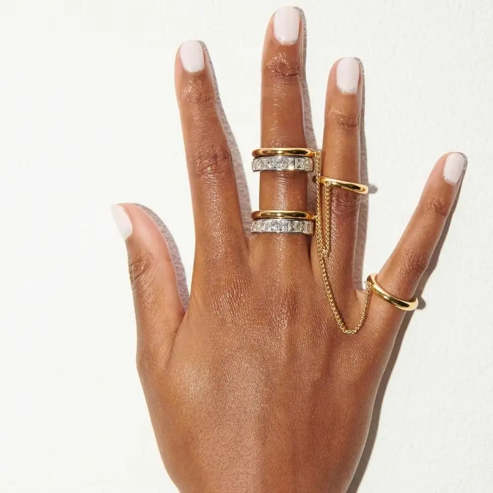 العصرية الشرير سلسلة حلقة الزركون 18K الذهب والفضة شرابة حلقات معدنية أنيقة اكسسوارات اليد للنساء