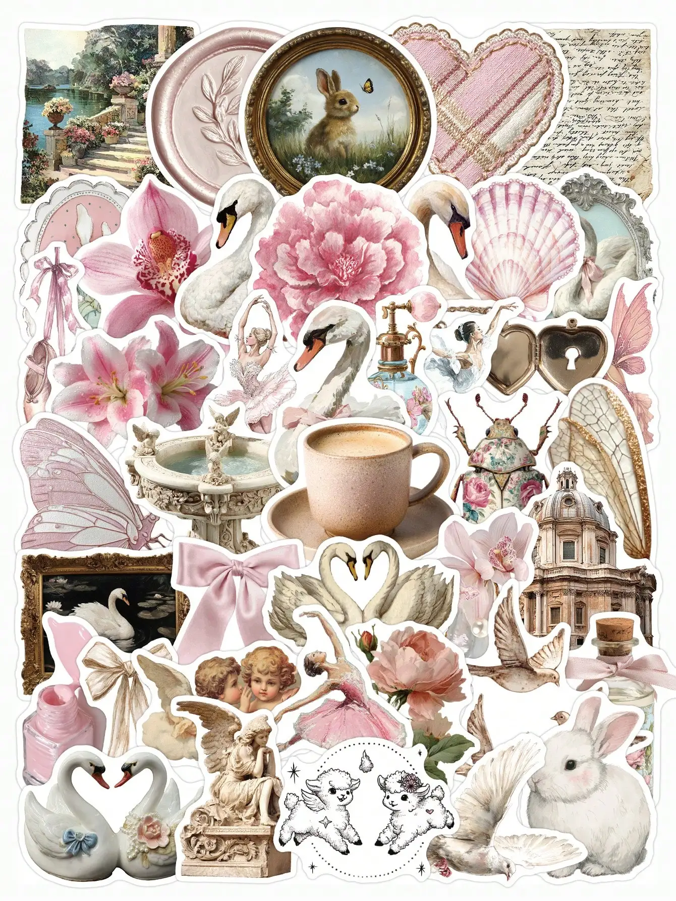 50pcs Vintage Ballet Style Stickers, Including Swan/Flower/Angel/Vintage Border Patterns, Waterproof PVC Material Decorative Stickers Suitable For Phone Case, Water Bottle, Laptop, Notebook, Luggage, Skateboard, Guitar, Kindle ss260428152148686253518