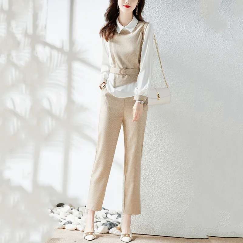 Patchwork Elegante All Match Vrouwen Broek Sets Voor De Lente Herfst 2023 Nieuwe Mode Draai Kraag Slanke Vrouw 2 Stuks Outfits