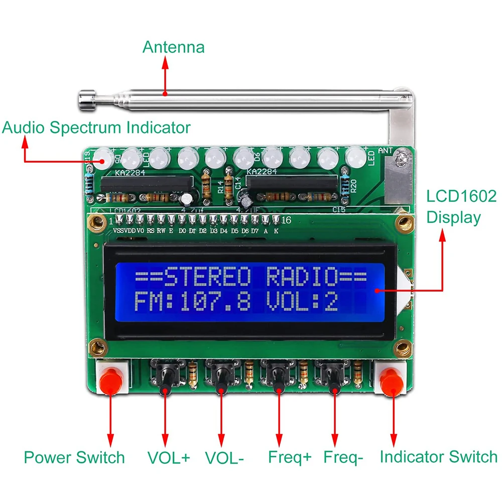 DIY Electronic Kit FM Radio Module 87-108MHz Wireless Receiver Soldering Practice LCD Display STC89C52 Control 5W 8ohm Speaker