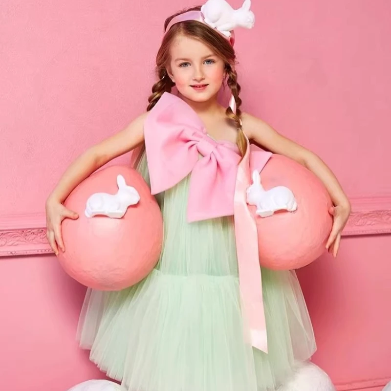 

2026 Girls Summer Spaghetti Strap Dress Clothes Kids Pageant Bow Princess Gown Party Casual Outfit Elegant Children Costume