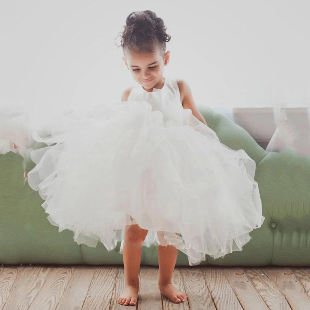 Robe de Rhen tulle à volants pour bébés filles, robe à fleurs, col en fibre, tout-petit, mariage, première communion, mignon