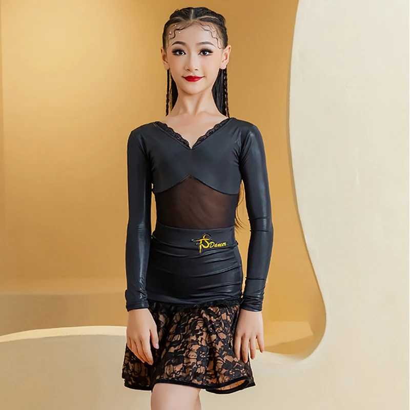 Kids Girls Long Sleeves V-Neck Latex Lace Latin Dance Performance Waltz Competition Dancewear Children Bodysuit and Skirts