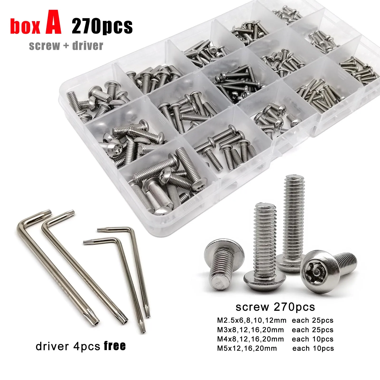 270/840pcs M2.5 M3 M4 M5 304 Stainless Steel Torx Button Round Head with Column Pin Tamper Proof Security Screw Bolt Key Set Kit