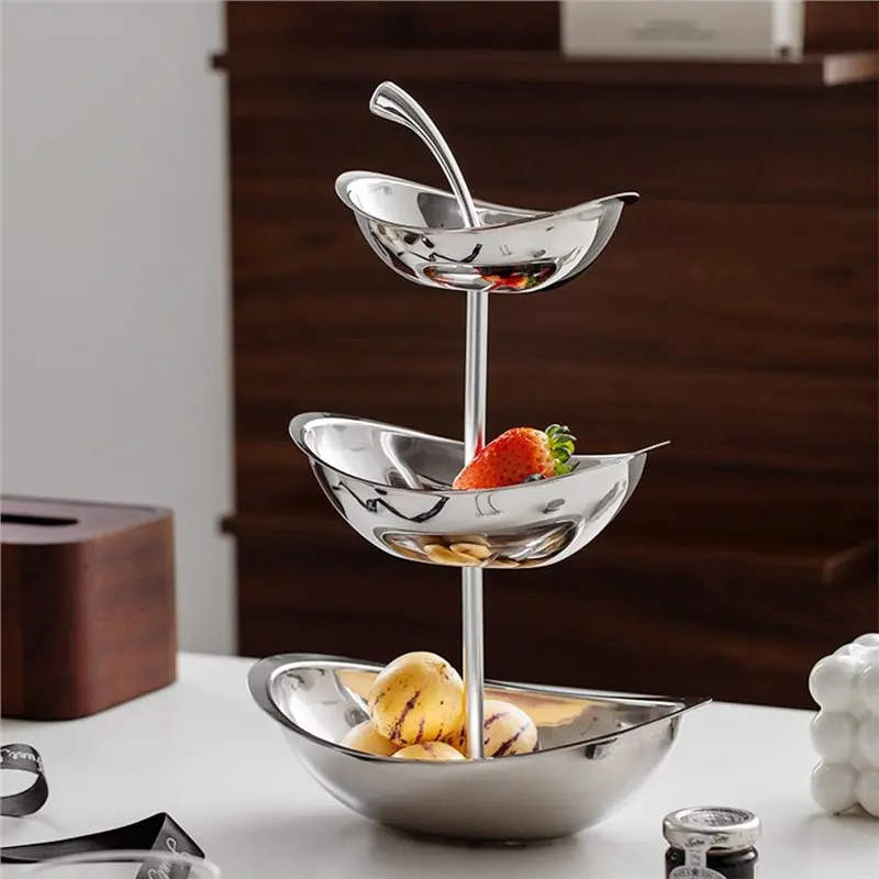 【LDHL】Elegant Stainless Steel Oval Fruit Tray-Aihem Snack& For Tea Table And Living Room Pastry Plate 3 Levels