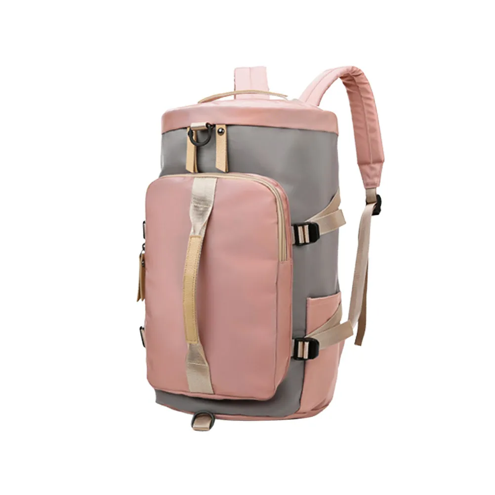 Pink Grey Nylon Gym Bag Large Capacity Travel Backpack Tote Bag for Outdoor Fitness Work Weekend Trip Beach Daily Use