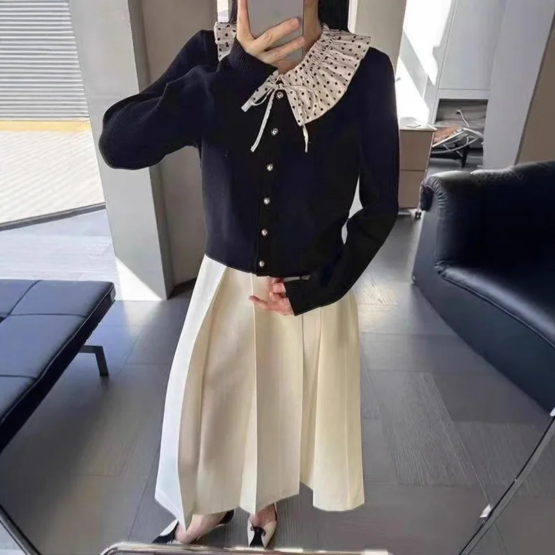 

Bla Polka Dot Knitted Sweater with Detachable Ruffle Collar Sweet Sle Women's Cardigan Spring Autumn Season Faion Design