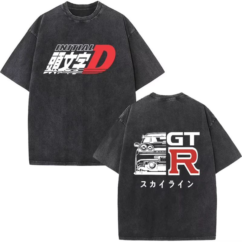 Anime Initial D Drift AE86 Washed Vintage Print T-shirt RX-7 R34 Skyline GTR JDM T-shirts Men's Harajuku Cozy Oversized T Shirts