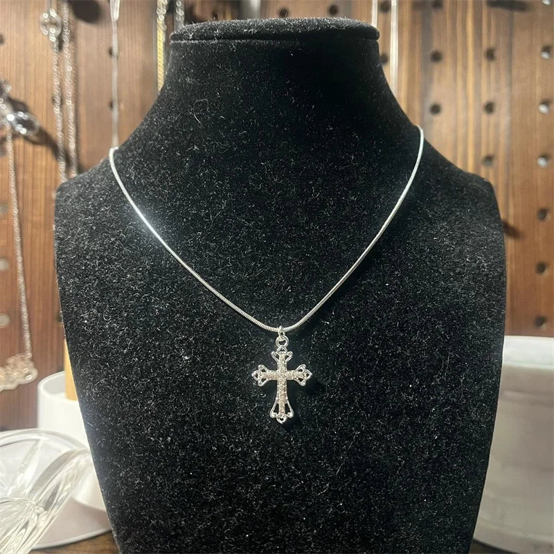 Handmade Y2K Gothic Stainless Steel Snake Cord Necklace With Mini Rhinestone Cross Pendant