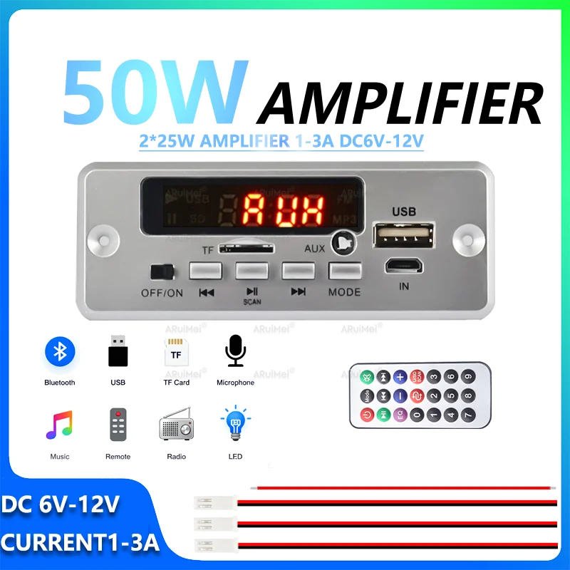 2x25W Audio Amplifier Board DC6V-12V 1-3A Mini Stereo AMP with Remote Control Power Cord Speaker Wire Silver Plastic Cas