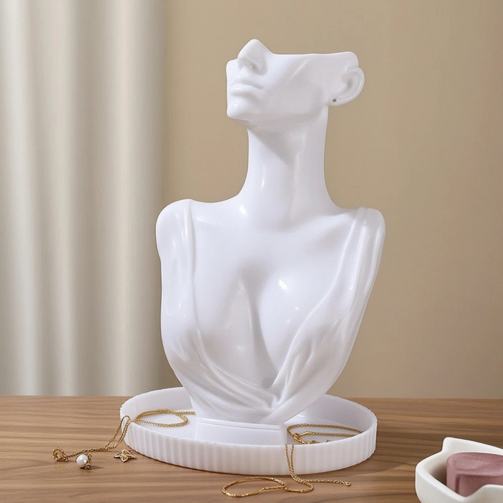 Mannequin Bust with Tray Glossy Necklace Holder with Base Necklace Holder with Metal Base Modern for Vanity Table, Dresser