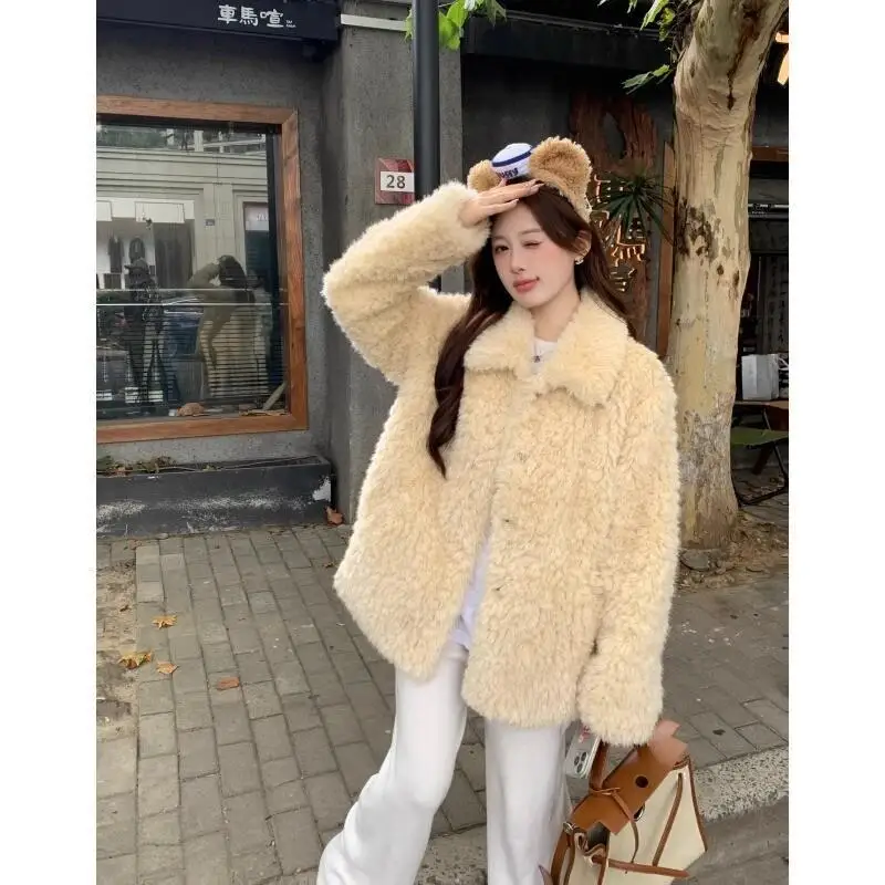 Roupa diária ao ar livre 2025 nova pele do falso lã de cordeiro outono inverno casaco feminino estilo coreano lapela grosso quente fofo solto design topos