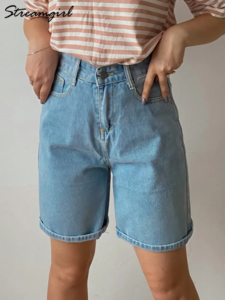 Women Denim Shorts High Waisted Summer Casual Straight Leg Jeans Shorts Woman Vintage Light Blue Shorts Women Summer Short Jeans