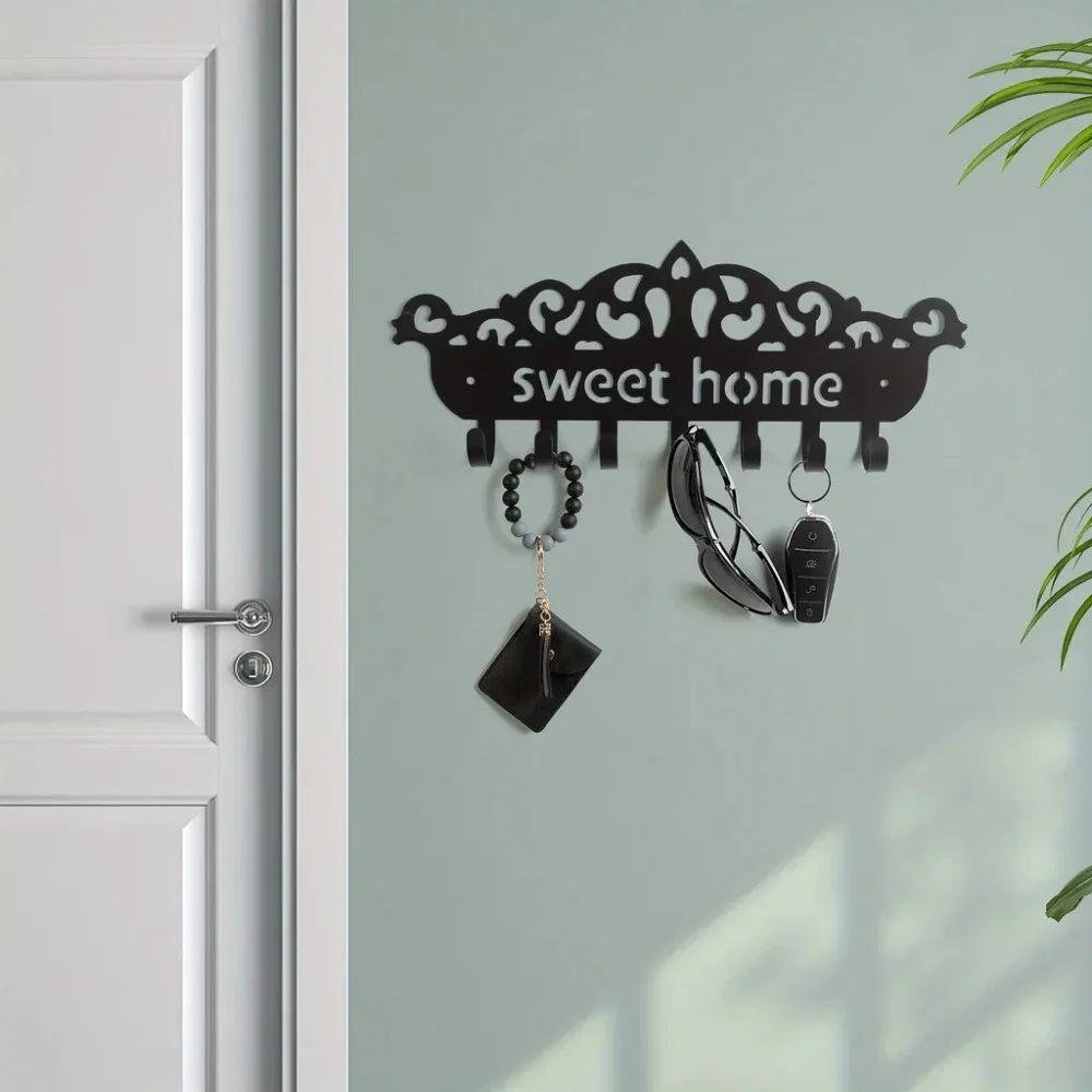 Wall Mounted Key Organizer - Black Metal Key Holder with Decorative Storage Hooks