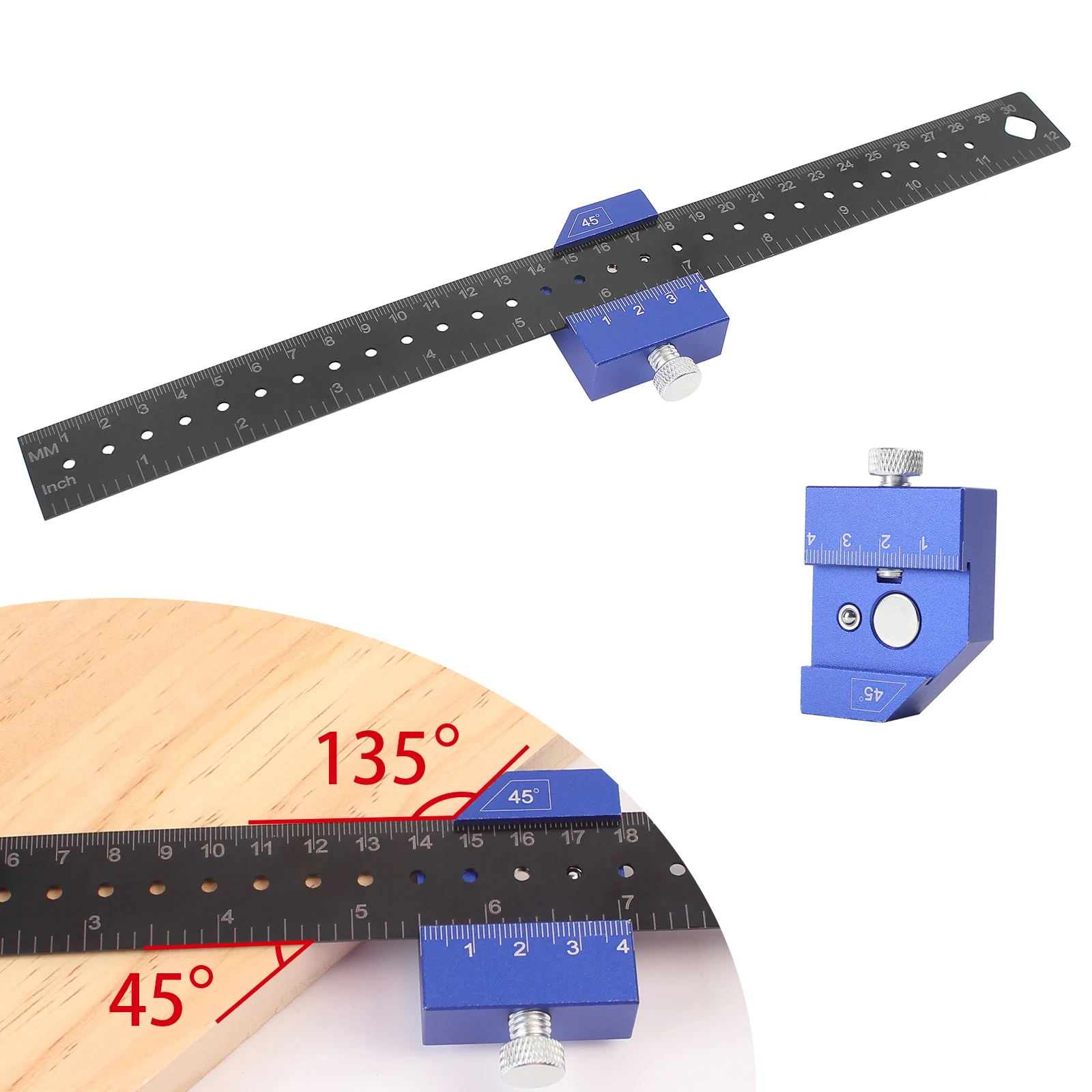 Woodworking Metal Pocket Ruler with 45°/90° Slide Stop, Slide Stop for Marking Inch/ Metric Scribing Measuring Precision Square