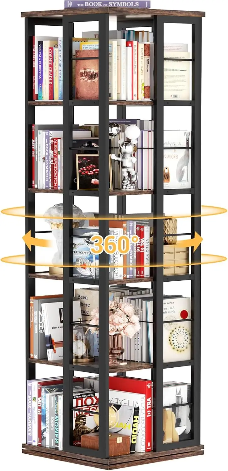 rotating bookshelf corner bookcase 360 display wood spinning floor standing narrow shelf 5 tiers rustic brown