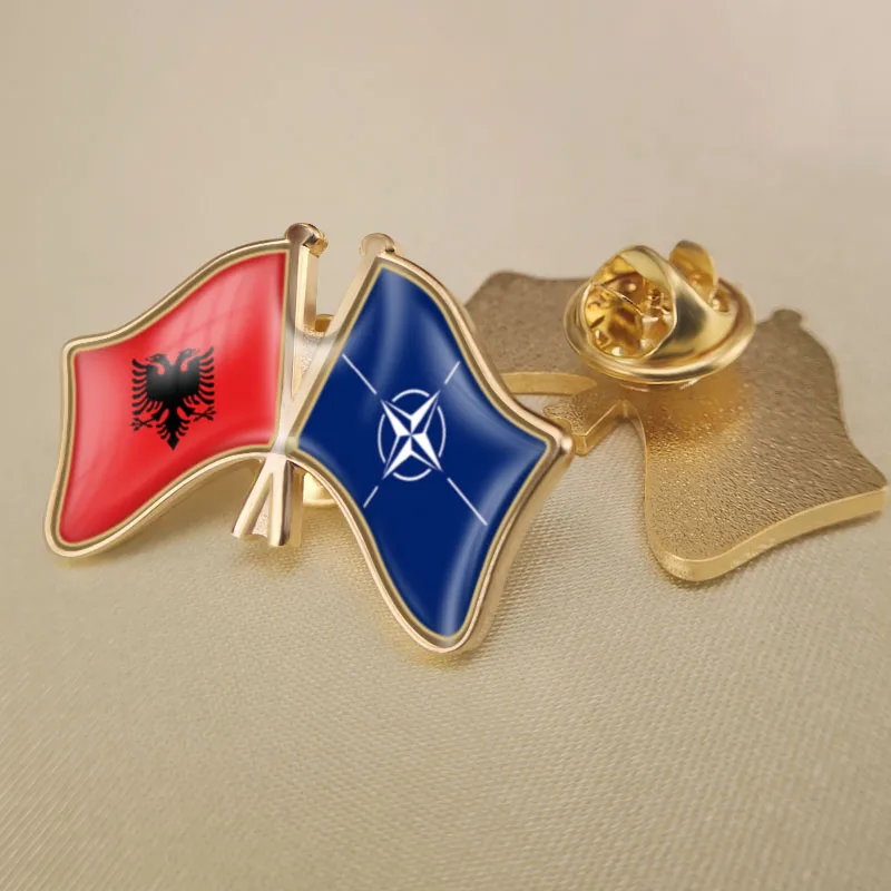 Albania and NATO North Atlantic Treaty Organization Crossed Double Friendship Flags Lapel Pins Brooch Badges