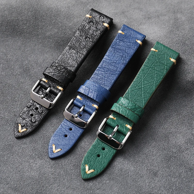 Handmade Ostrich Leather Watchband 18 19 20 21 22MM Blue Black Green Men Strap Ultra Thin Soft Bracelet Retro Style Pin Buckle