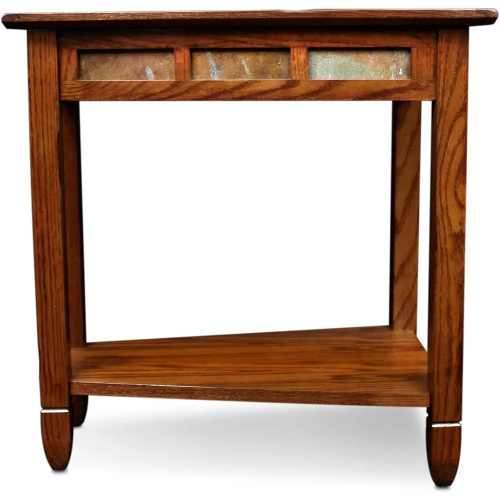 

Rustic Oak End Table with Slate Tile Top Narrow Wedge Shape Side Table Display Shelf Easy Assembly Living Room Furniture