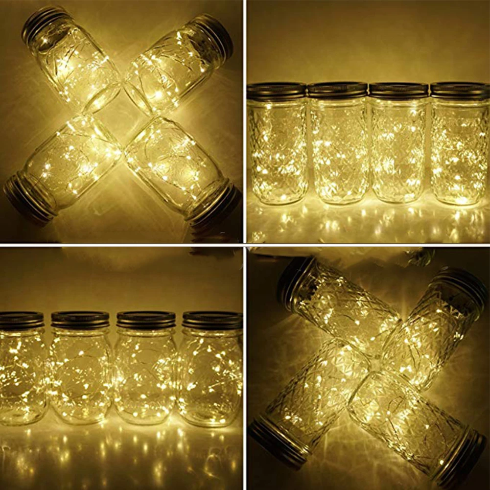 Solar Garden Mason LED String Lights, Lâmpada Jar de Vidro, Luz para Parede, Mesa, Cerca, Path Decor, 2m, 20 Lâmpadas, 2Pcs