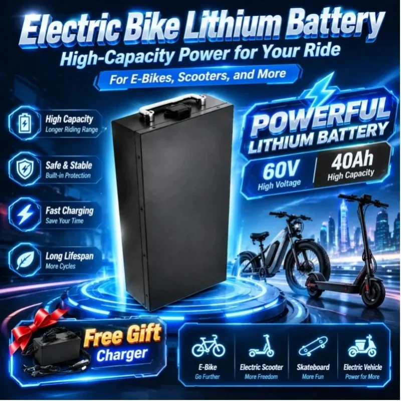 60-V-40-Ah-Lithium-Ionen-Akku für Elektromotorräder, leistungsstarker Akku für 2000-W-Motoren, geeignet für faltbare Citycoco-Elektroscooter im Harley-Stil, wird mit einem passenden Ladegerät