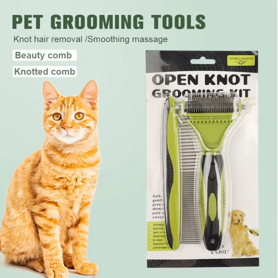 

2-in-1 Professional Portable Stainless Steel Pet Comb Set Double-Sided Hair Remover Knot Comb Lightweight Grooming Tools for Cat