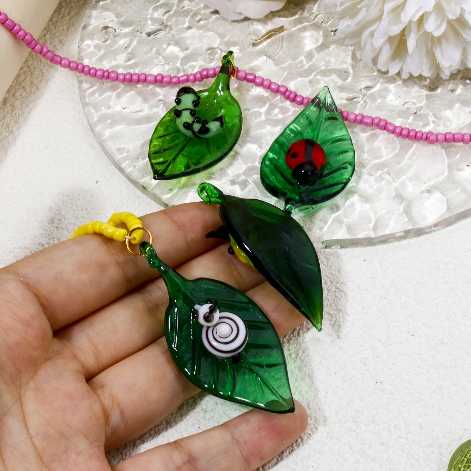 DoreenBeads 1 Piece Creative 3D Lampwork Glass Insect Pendants Green Leaf Snail Insect DIY Making Necklace Earrings 5cm x 2.4cm