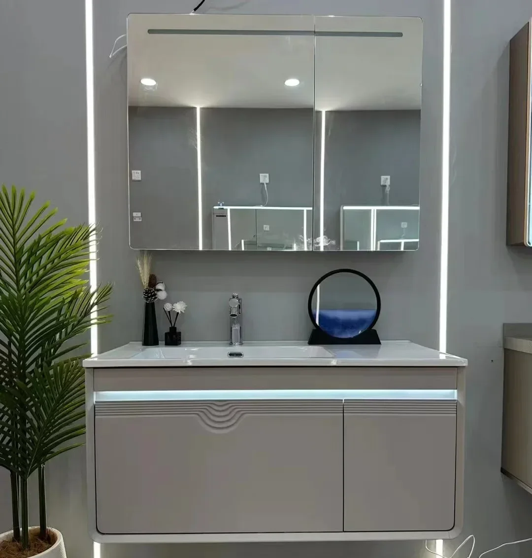 z 2023 New Design Modern Plywood Wall Mounted Bathroom Cabinet Vanity Set Furniture With LED Mirror Vanity Cabinet