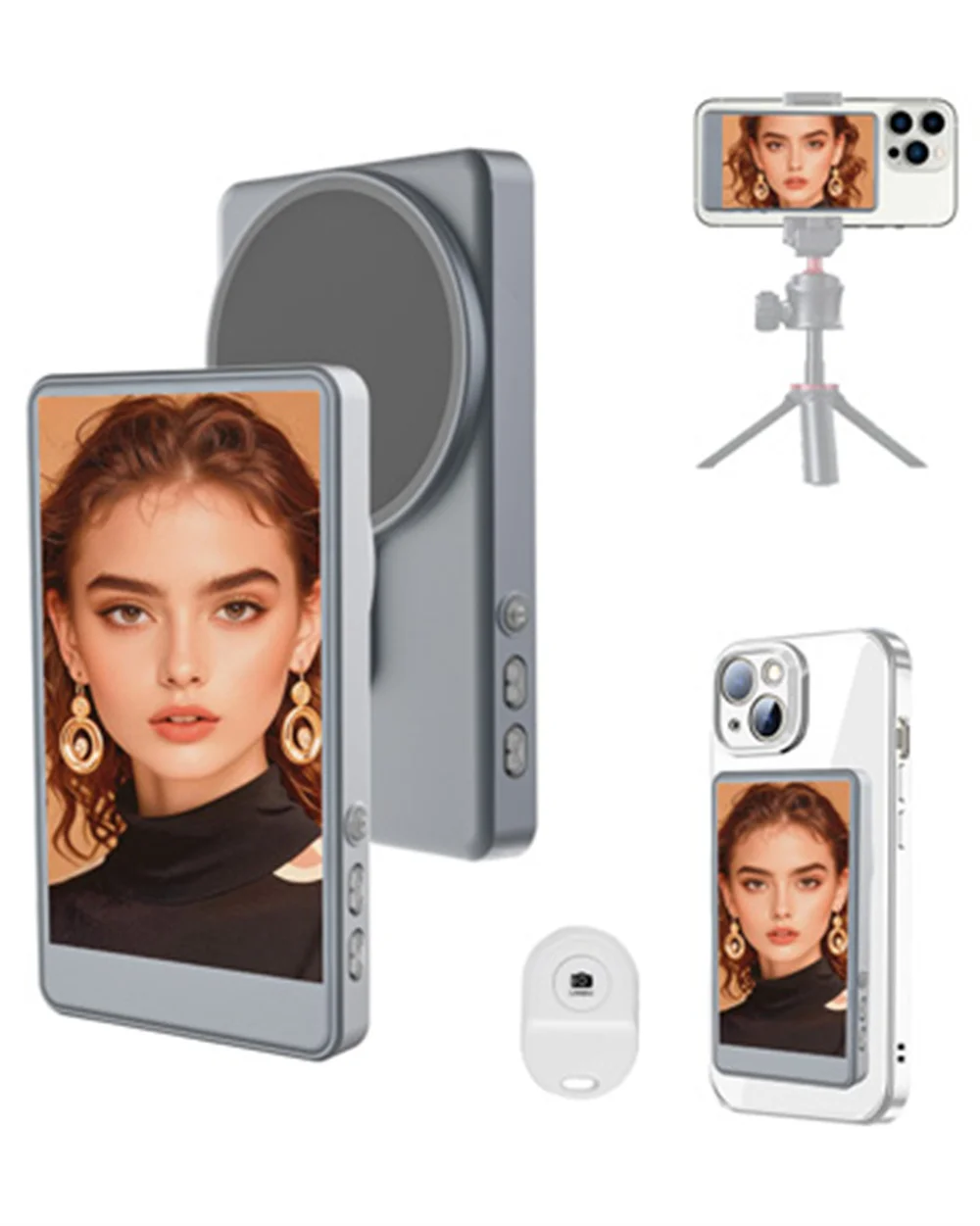 Magnetic Selfie Monitor Screen w Remote Control 1080P Wireless Screen Mirroring Video Recording for iPhone Android Live Stream