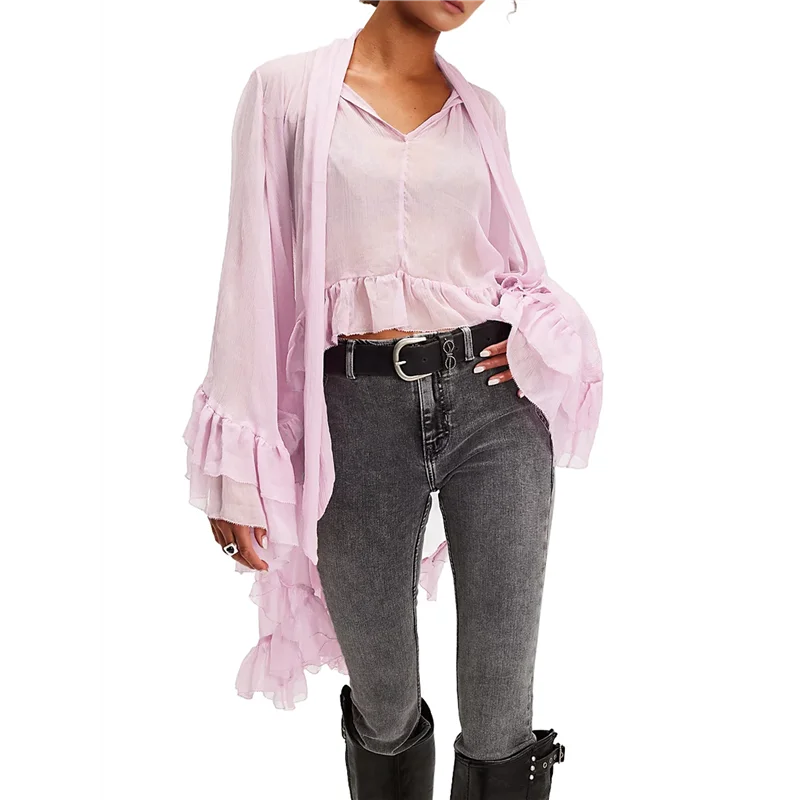 

CGS-Women Long Bell Sleeve Frill See Through Sheer Mesh Blouse High Low Hem Ruffled Sexy- Flowy Shawl Shirt