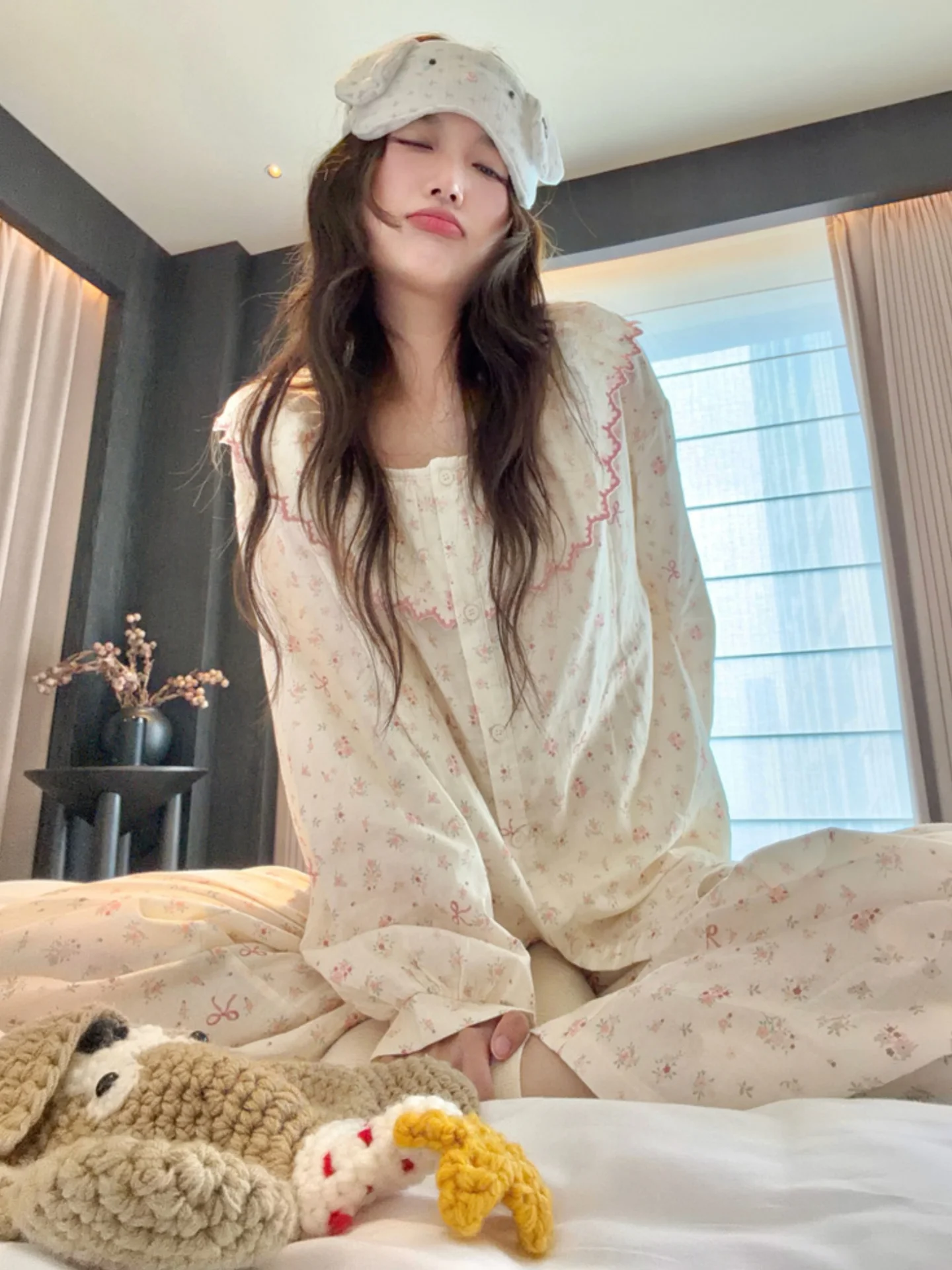 pure-cotton-nightgown-women's-spring-autumn-sweet-knot-floral-lace-collar-home-clothes-set-can-be-worn-outside