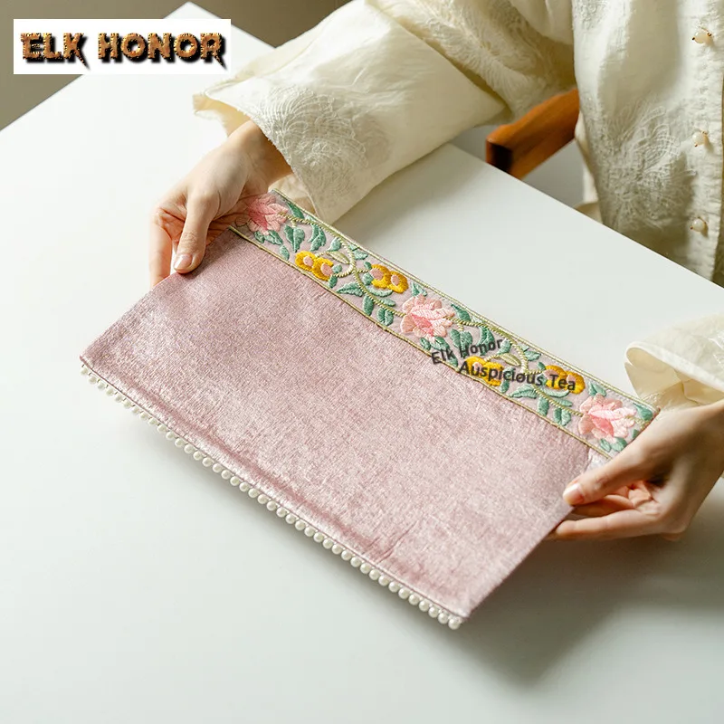 Pink Silk Gold Flower Vine Beaded Edge Tea Table Mats Aesthetic Drink Coaster Household Dinner Table Cloth Mat Tea Items Craft