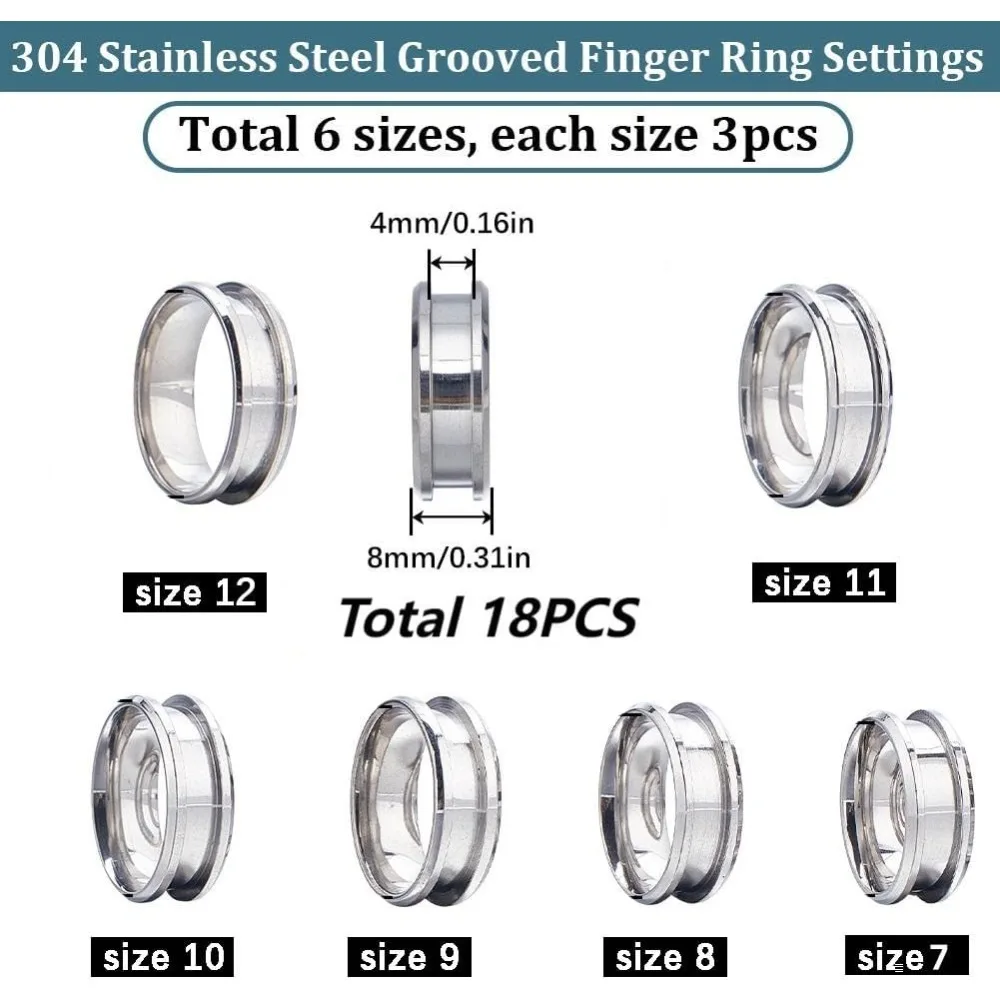 18Pcs Stainless Steel Grooved Finger Ring US Size 7/8/9/10/11/12 Core Blanks 8mm Wide Empty Round Grooved Inlay Ring Blanks kit
