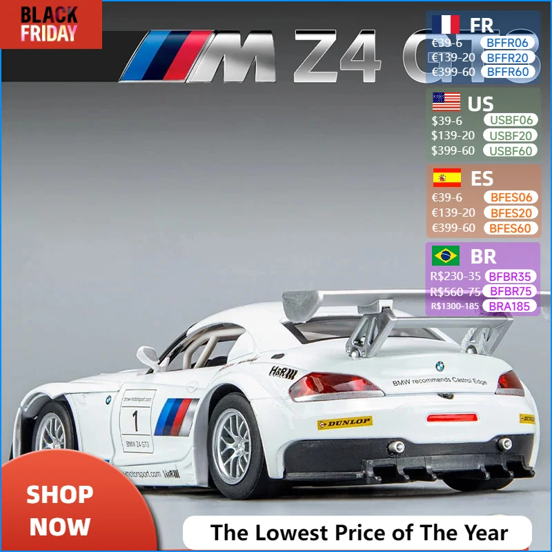 1:24 BMW Z4 GT3 M4 BMW M6 Racing Car Free Wheeling High Light Sport Racing Car Model Toy Diecast Metal Alloy Miniature Replica