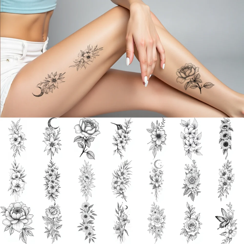 

9pcs Temporary Tattoo Line Art Peony Butterfly Rose for arms thighs ladies