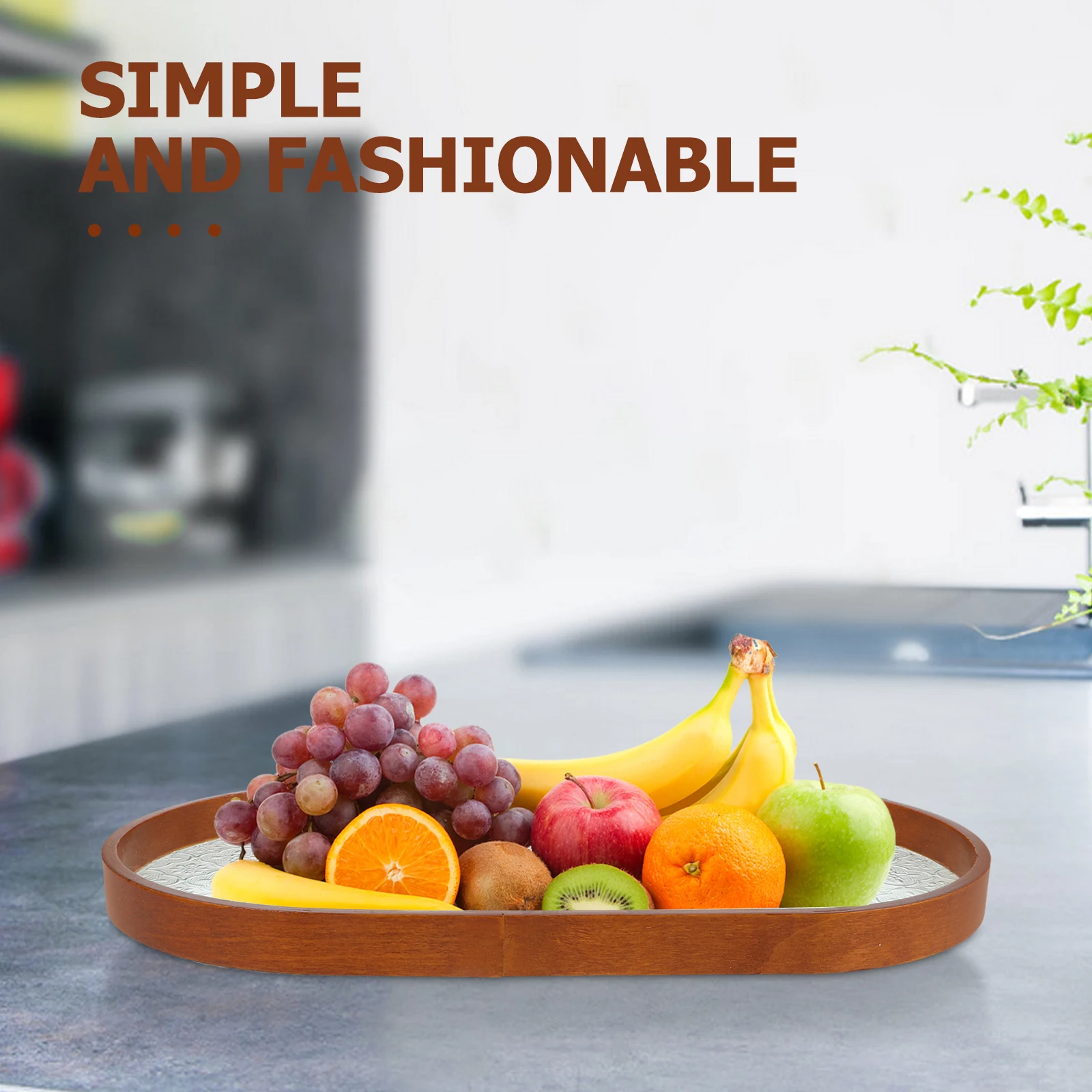 

Glass Flower Pattern Serving Wood Edge Smooth Fruit Snack Plate Tea Table Decorative Tray Glass Serving