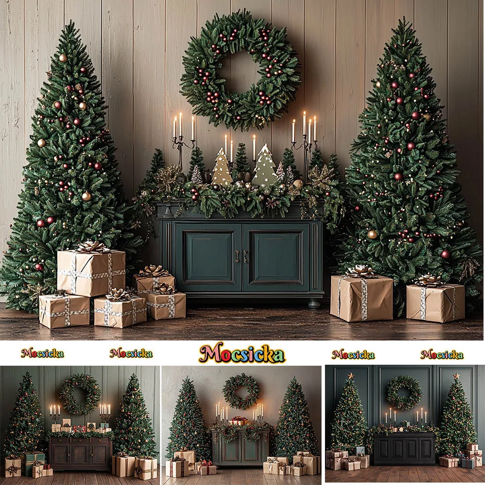 Mocsicka Photography Background Christmas Tree Fireplace Garland Decoration Kids Holiday Portrait Photo Background Studio Props