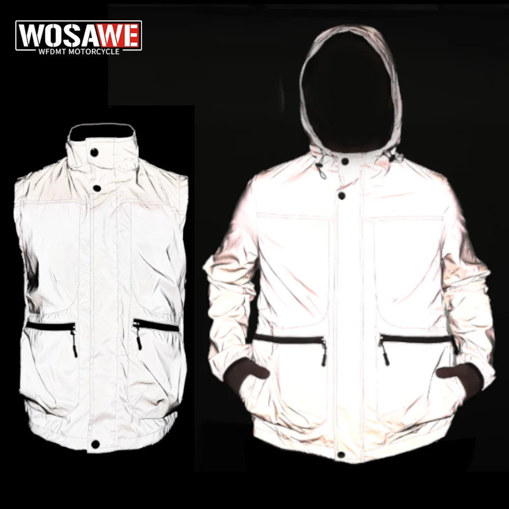 

WOSAWE Motorcycle Jacket Men Night Shining Hoodie Windproof Reflective Windbreaker Multi-functional Pockets Vest Moto Clothing