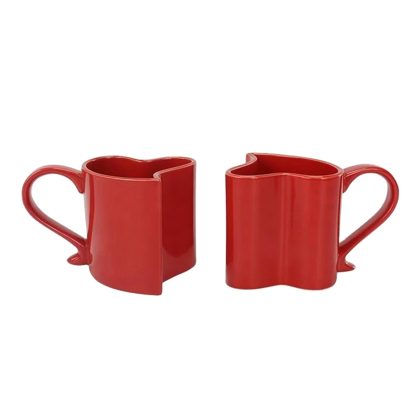 Red Heart Shaped Mug Porcelain Coffee Cups Coffee Mug Ceramic Fancy Valentine Tea Cups Couple Cappuccino