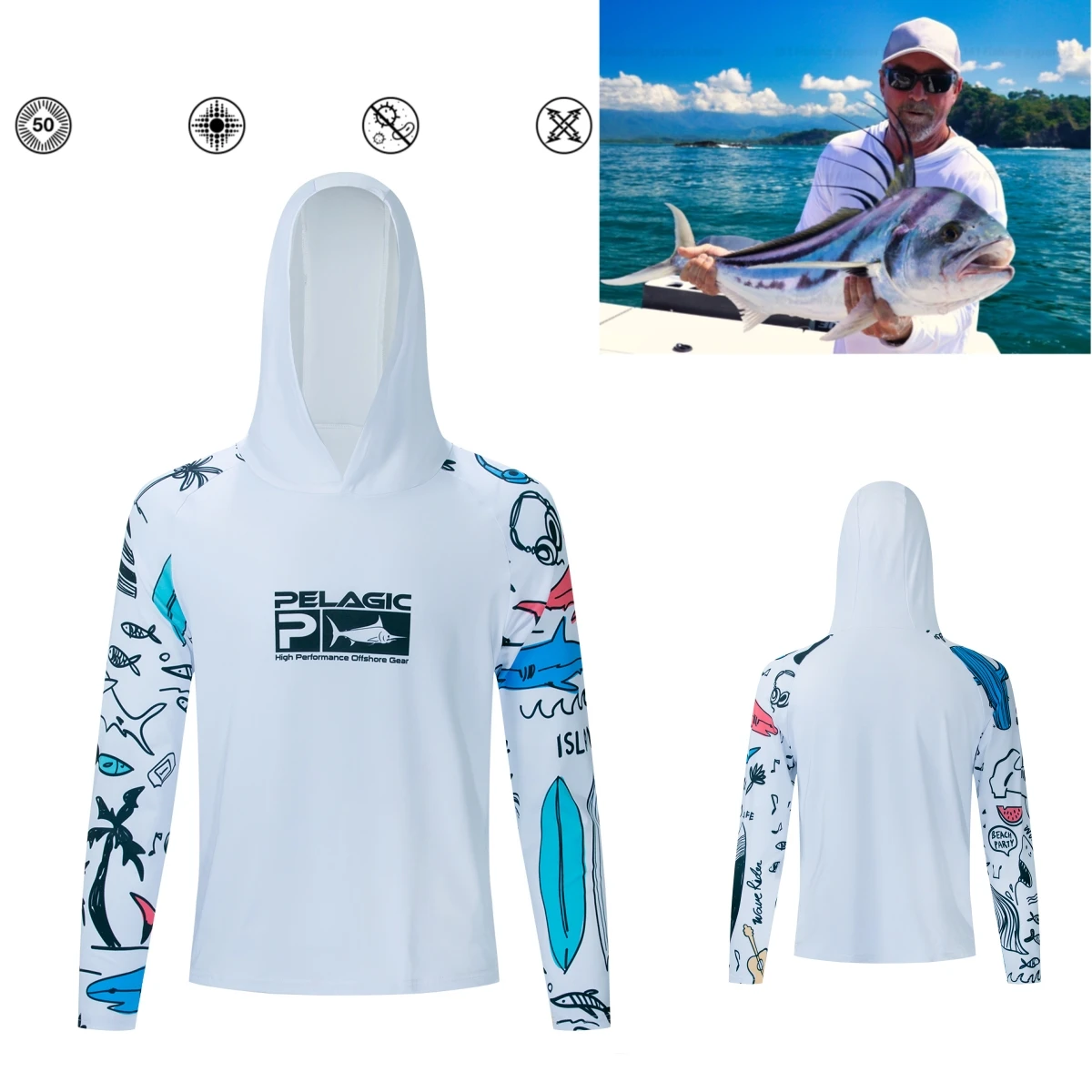 pelagic Men Hood Fishing Shirt long sleeve Fishing clothing fishing t shirt uv protection fishing shirt Fishing Apparel