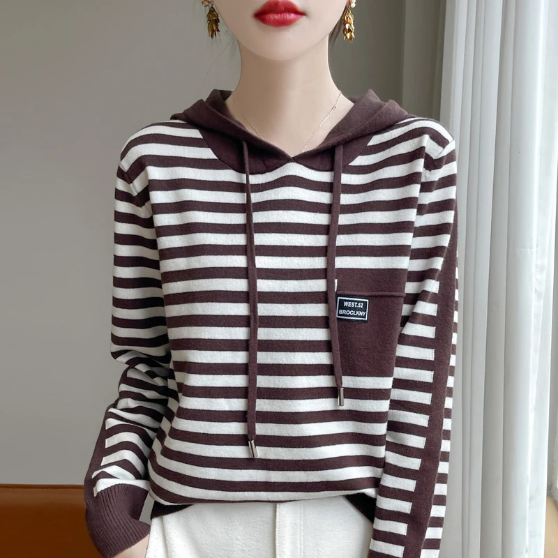 New Fashion Autumn/Winter Soft Wool Knit Hooded Top For Women Pullover Two-Color Striped Long-Sleeved Hooded Sweater DMR500 4