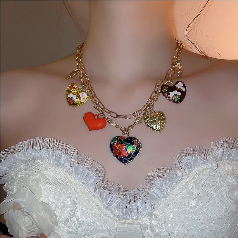 

Y2K Multi Heart Pendant Layered Necklace Gold Colorful Enamel Heart Choker for Women Party Vacation Daily Jewelry