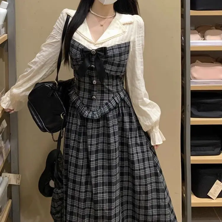 

Large-size College Style Retro Plaid Bow Dress Spring and Autumn Loose Versatile Slim and Sweet Long Skirt