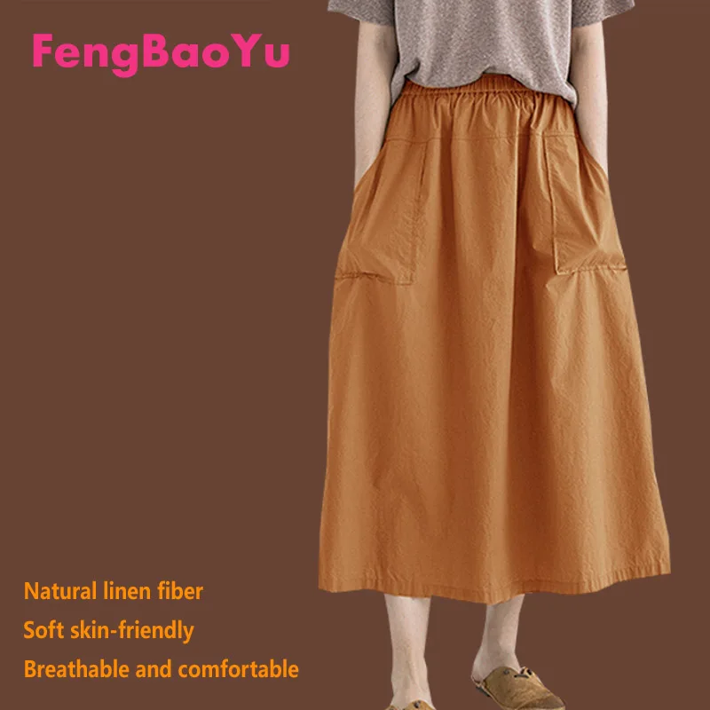 

Fengbaoyu Linen Summer Lady Loose Waist Large Pocket Skirt Young Girl Pink Long Skirt Temperament Generous Women Clothing 5XL