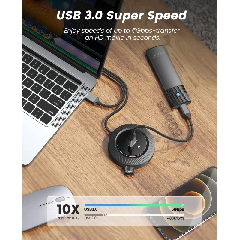 RGB USB3.0/Type-C HUB With Type C Power Port 5Gbps Multi Splitter OTG Adapter For PC Computer Accessories Macbook Pro
