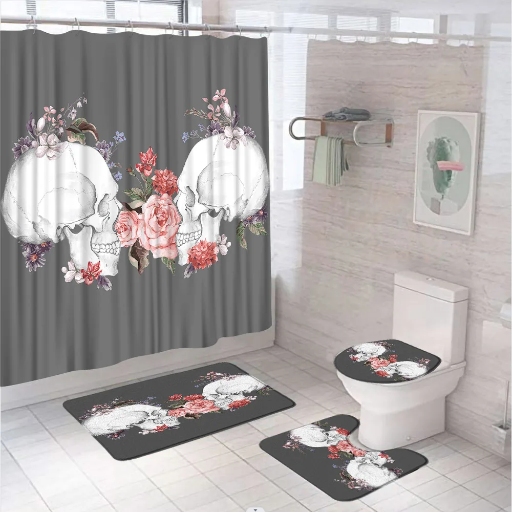 

Halloween Skull Shower Curtain Set Bathroom Accessory Sugar Rose Flower Skeleton Bath Mat Anti-Slip Rug Carpet Toilet Lid Cover