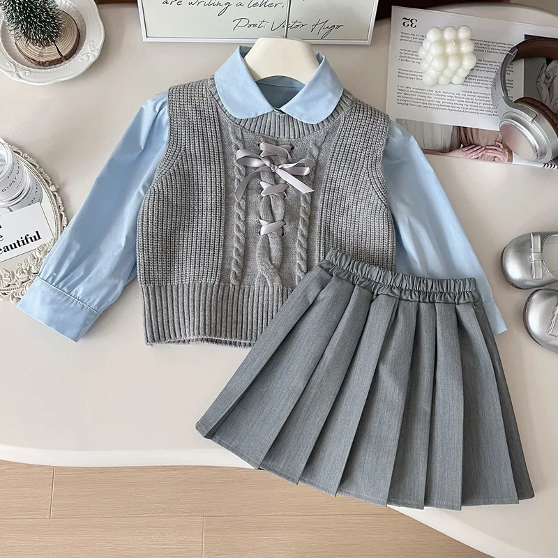 

Girls Small and Older Children College Style Suit Skirt Spring and Autumn2024New Western Style Girls' Sweater Vest Pleated Skirt