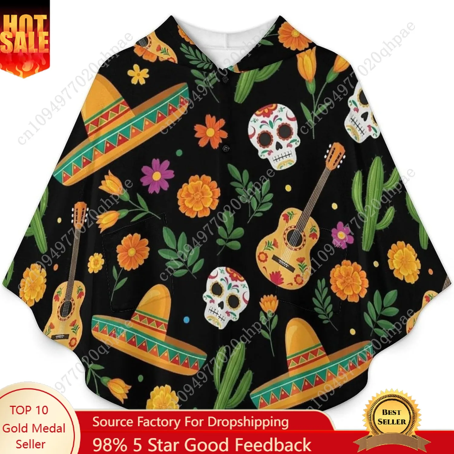 سترة بطانية مريحة من الفلانيل، سترة ذات قلنسوة كبيرة الحجم بنمط يوم الموتى مع جيوب للأطفال والمراهقين #1